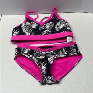 Justice Black and Pink Leaf Print Bikini. Reversible, size 7/8